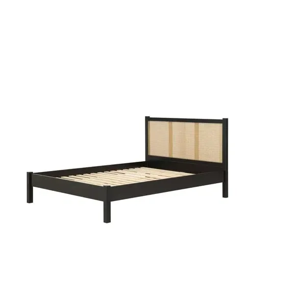 Rattan Bed with Low Foot End - Black, Wood Effect