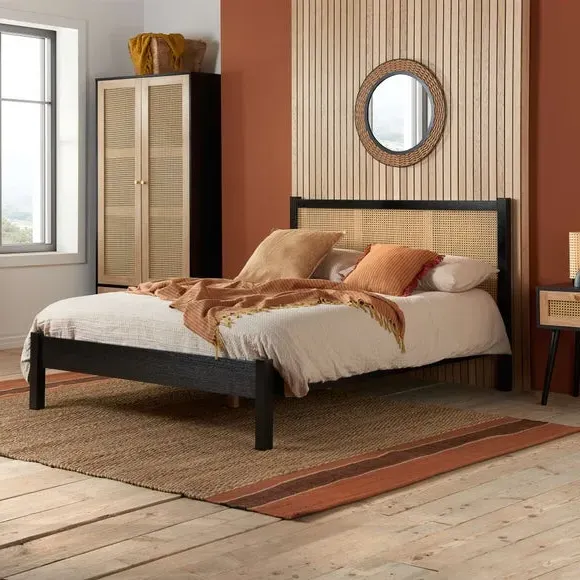 Rattan Bed with Low Foot End - Black, Wood Effect image
