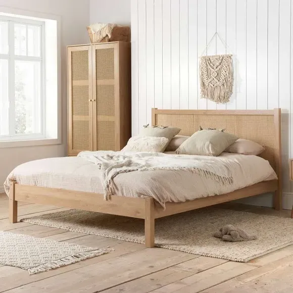 Rattan Bed with Low Foot End - Brown, Wood Effect