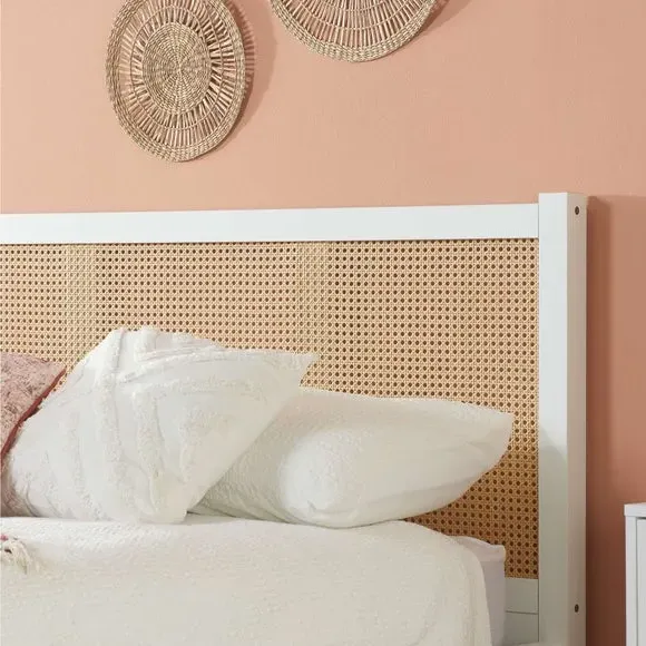 Rattan Bed with Low Foot End - White, Wood Effect