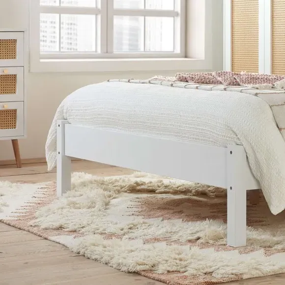 Rattan Bed with Low Foot End - White, Wood Effect