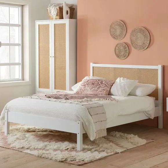 Rattan Bed with Low Foot End - White, Wood Effect
