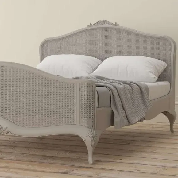 Rattan Headboard with Carved Frame - Grey, Wood