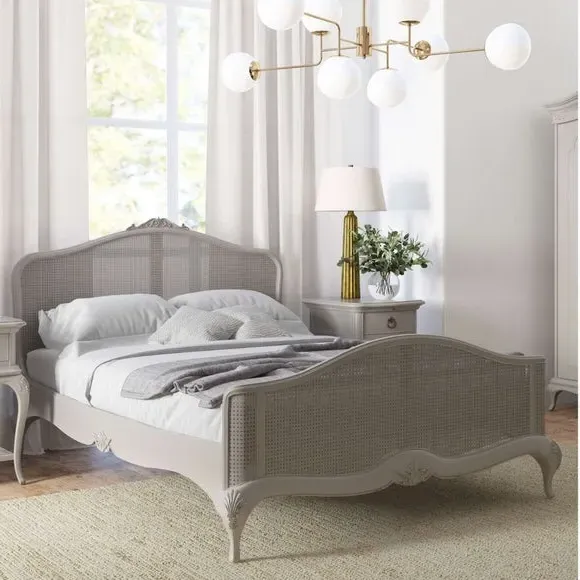 Rattan Headboard with Carved Frame - Grey, Wood