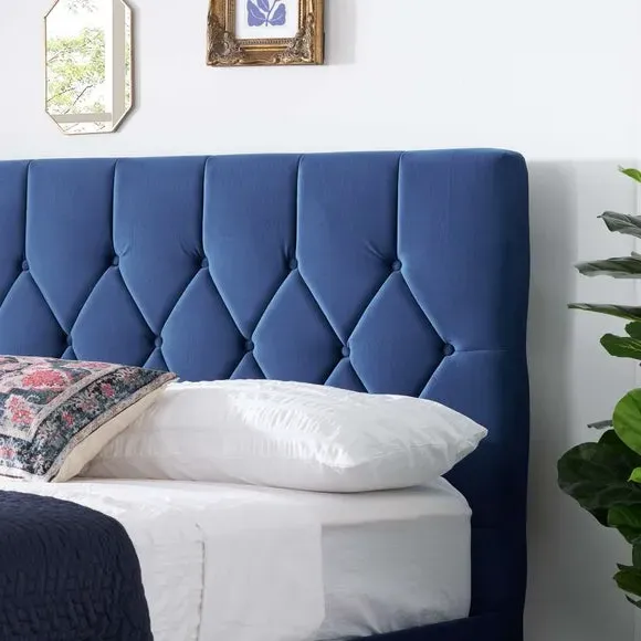 Upholstered Bed Frame with Buttons - Blue, Velvet