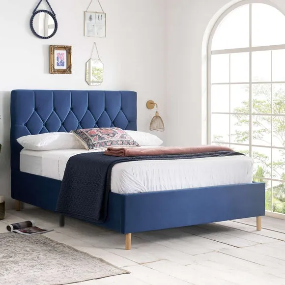 Upholstered Bed Frame with Buttons - Blue, Velvet image