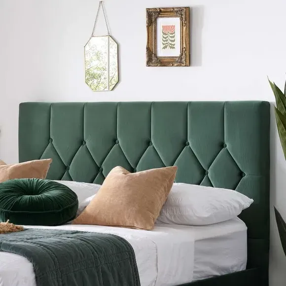 Upholstered Bed Frame with Buttons - Green, Velvet