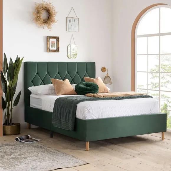 Upholstered Bed Frame with Buttons - Green, Velvet