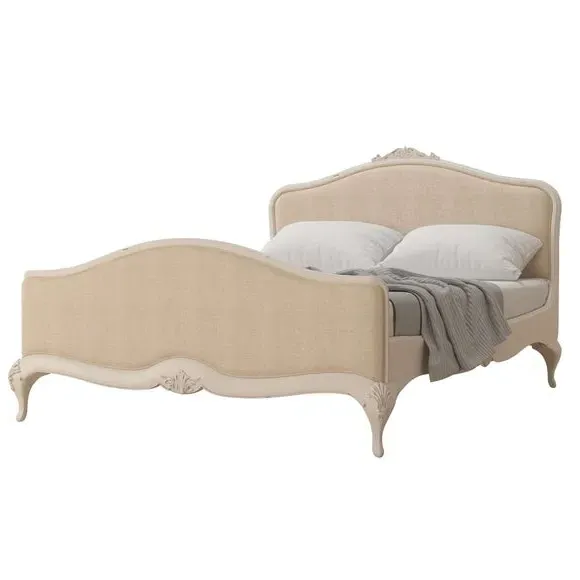 Upholstered Bed Frame with Carved Detail - Cream