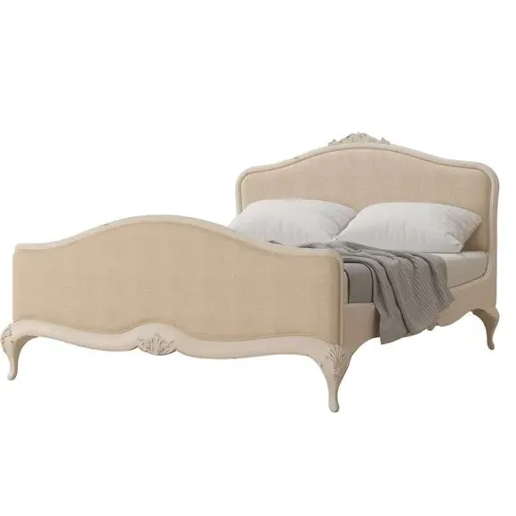 Upholstered Bed Frame with Carved Detail - Cream