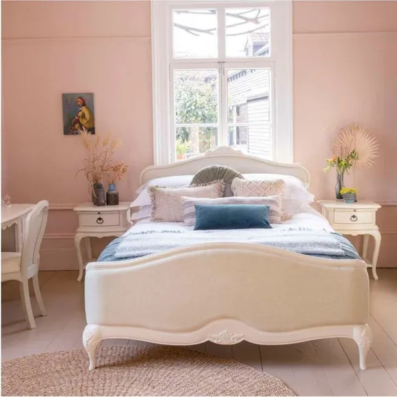 Upholstered Bed Frame with Carved Detail - Cream