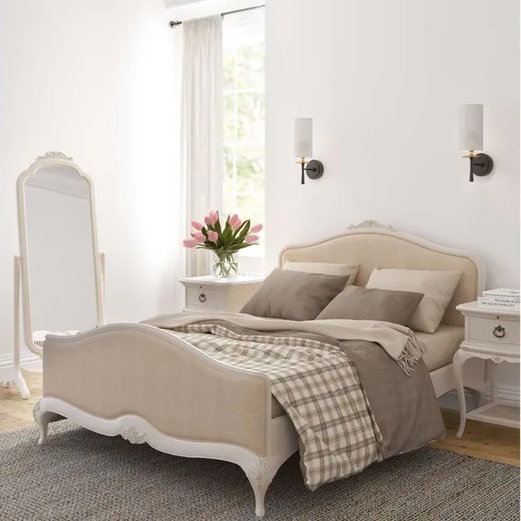 Upholstered Bed Frame with Carved Detail - Cream