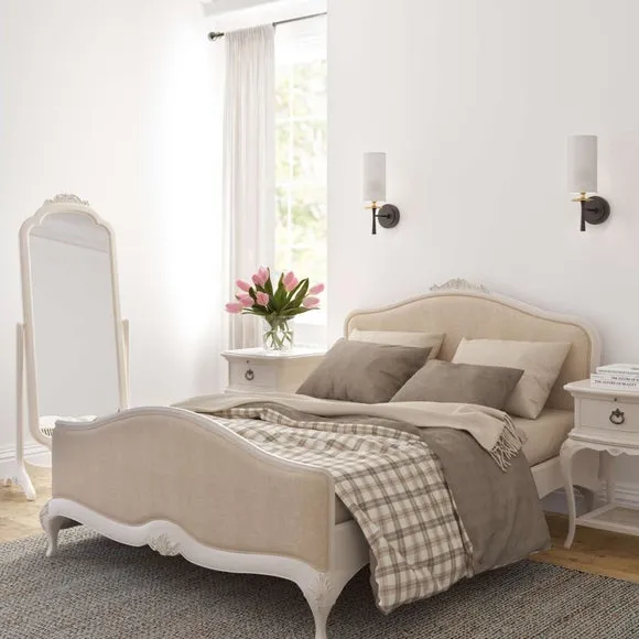 Upholstered Bed Frame with Carved Detail - Cream