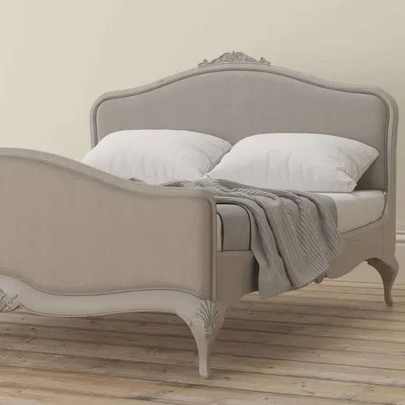 Upholstered Bed Frame with Carved Details - Grey