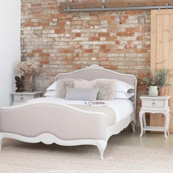 Upholstered Bed Frame with Carved Details - Grey