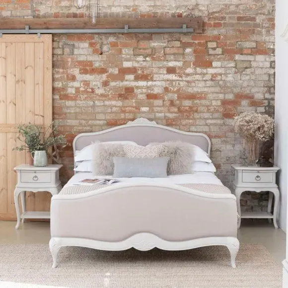 Upholstered Bed Frame with Carved Details - Grey