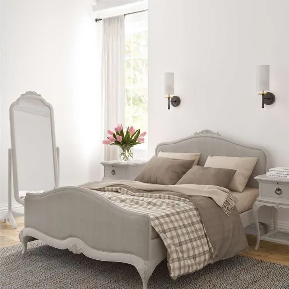 Upholstered Bed Frame with Carved Details - Grey