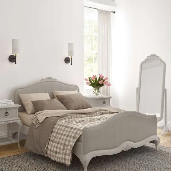 Upholstered Bed Frame with Carved Details - Grey image