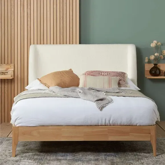 Wooden Bed Frame with Winged Headboard - Off-White