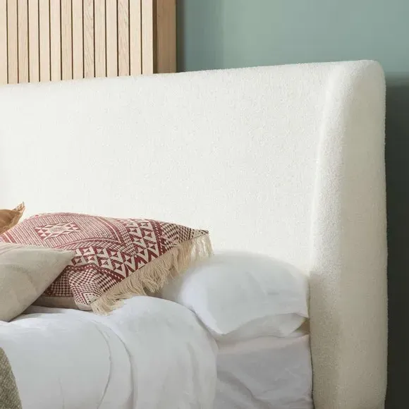 Wooden Bed Frame with Winged Headboard - Off-White