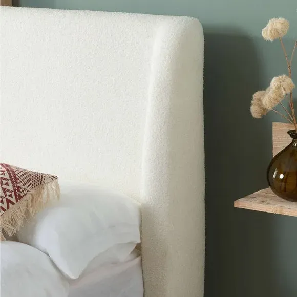Wooden Bed Frame with Winged Headboard - Off-White