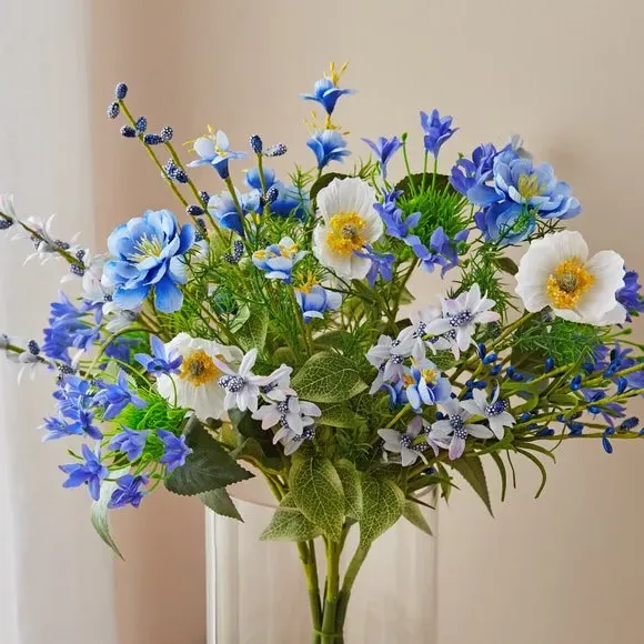 Artificial Bouquet in Footed Vase - Blue, Glass