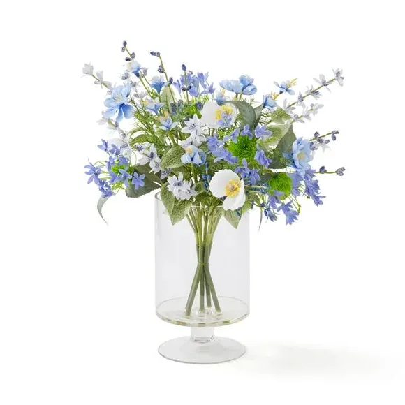 Artificial Bouquet in Footed Vase - Blue, Glass