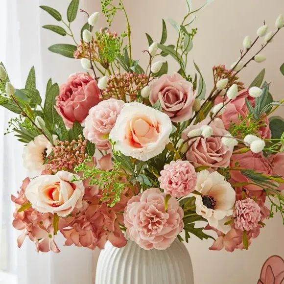 Artificial Floral Bouquet in Vase - Pink, Ceramic