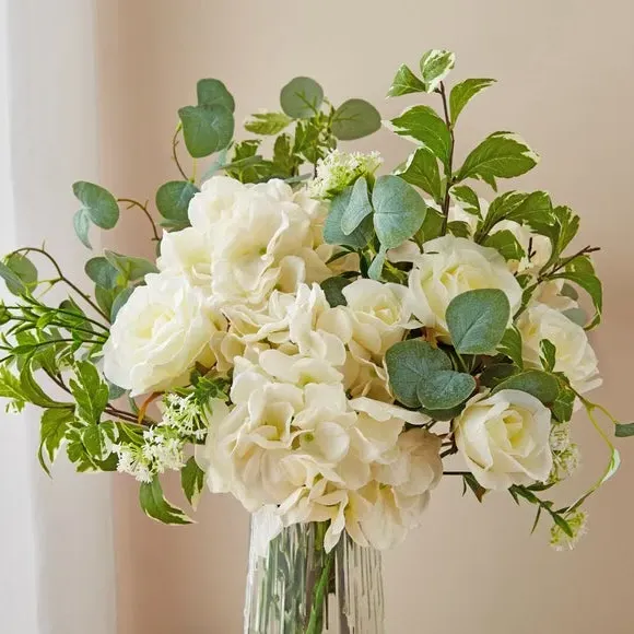 Artificial Peony Bouquet - White, Glass Vase