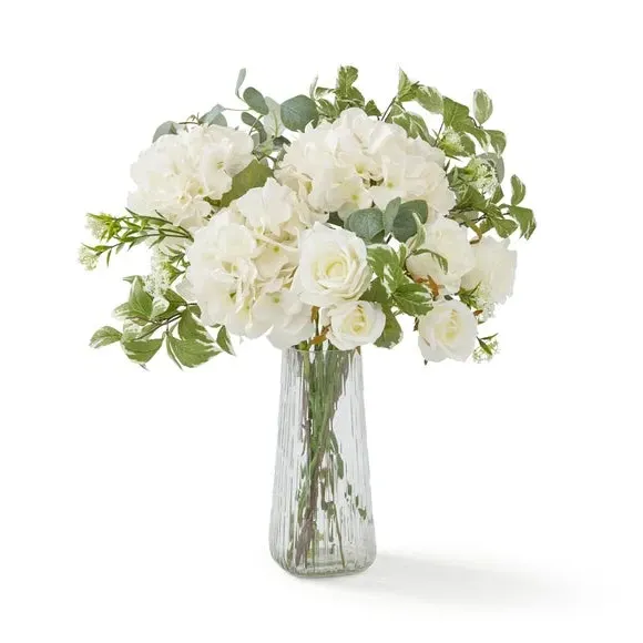 Artificial Peony Bouquet - White, Glass Vase