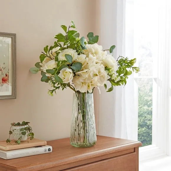 Artificial Peony Bouquet - White, Glass Vase image