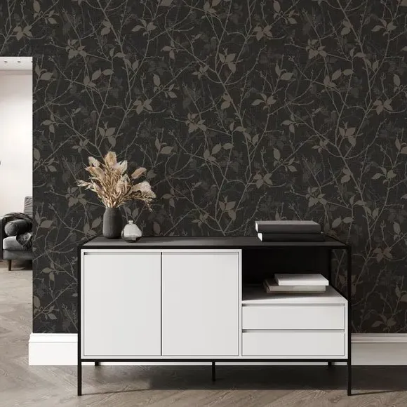 Floral Wallpaper with Paste Application - Charcoal