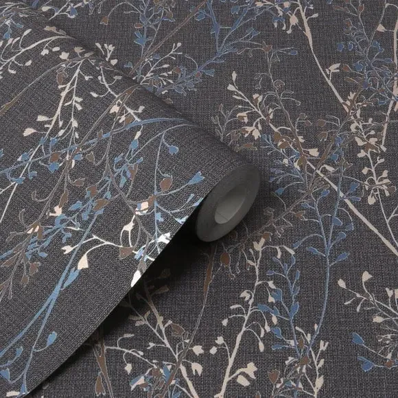 Floral Wallpaper with Paste Application - Navy