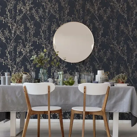 Floral Wallpaper with Paste Application - Navy