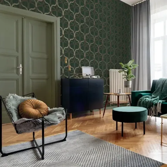 Geometric Wallpaper with Leaf Design - Green image