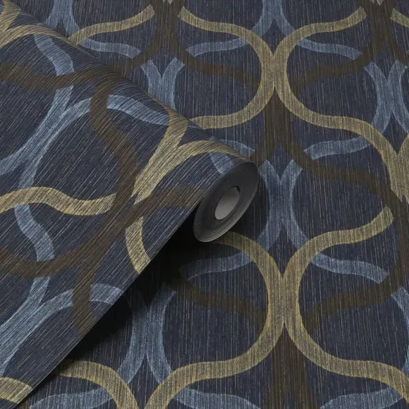 Geometric Wallpaper with Leaf Design - Navy