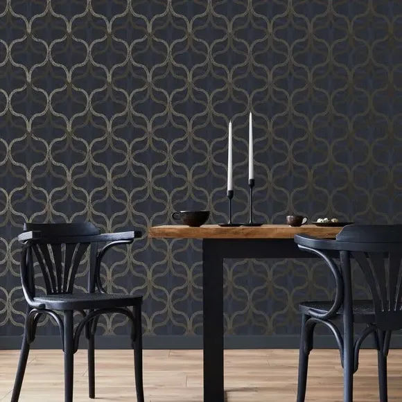 Geometric Wallpaper with Leaf Design - Navy