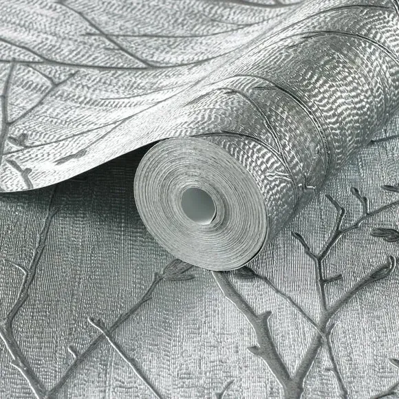 Sprig Floral Wallpaper - Silver, Water Silk