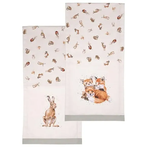Cotton Table Runner with Woodland Print - White