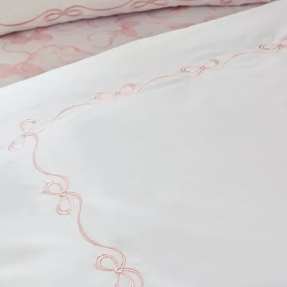 Bow Embroidery Duvet Cover Set - Pink, Polycotton