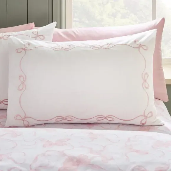 Bow Embroidery Duvet Cover Set - Pink, Polycotton