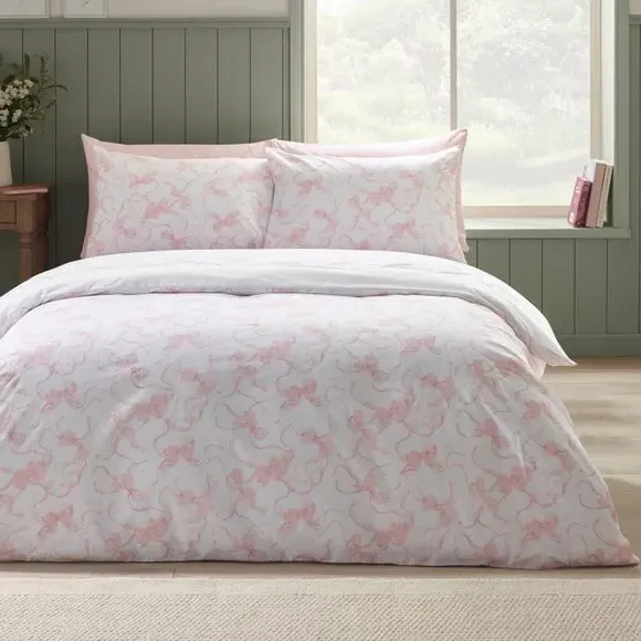 Bow Embroidery Duvet Cover Set - Pink, Polycotton