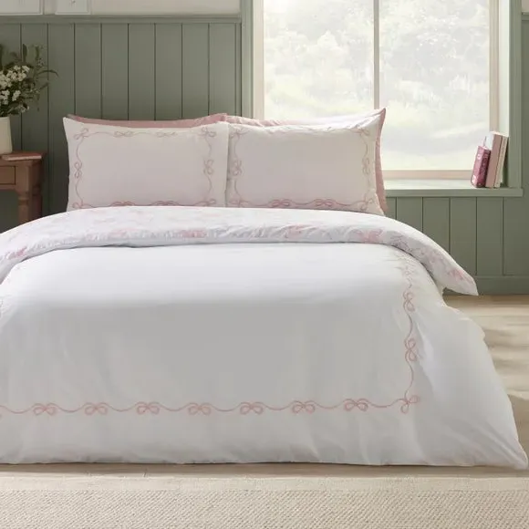 Bow Embroidery Duvet Cover Set - Pink, Polycotton