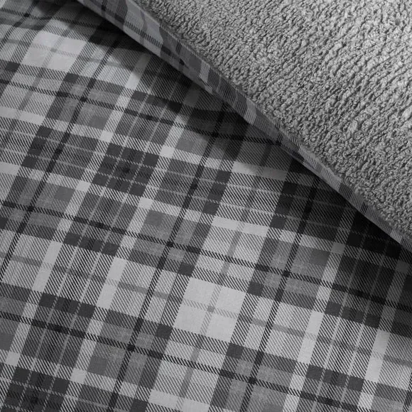 Check Duvet Cover Set with Sherpa - Grey, Cotton
