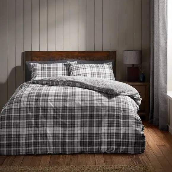 Check Duvet Cover Set with Sherpa - Grey, Cotton