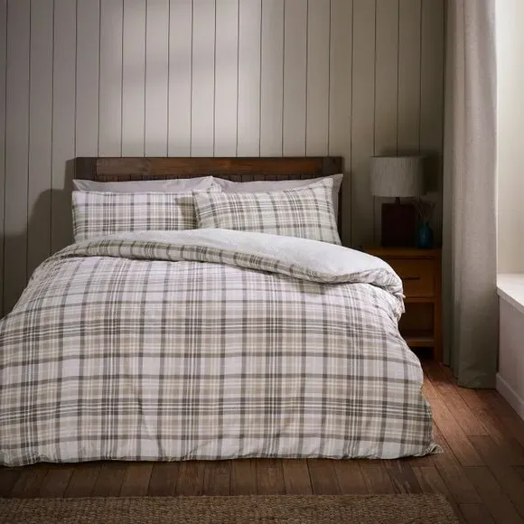 Check Duvet Cover Set with Sherpa - Natural, Cotton