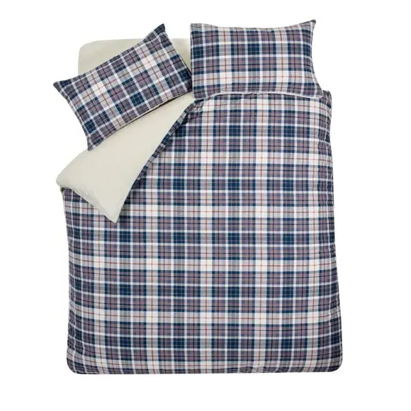 Check Duvet Cover Set with Sherpa - Navy, Cotton