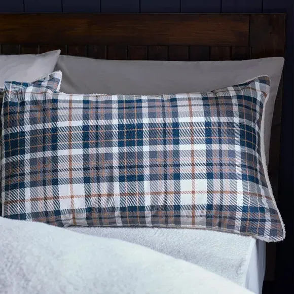 Check Duvet Cover Set with Sherpa - Navy, Cotton
