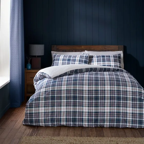 Check Duvet Cover Set with Sherpa - Navy, Cotton