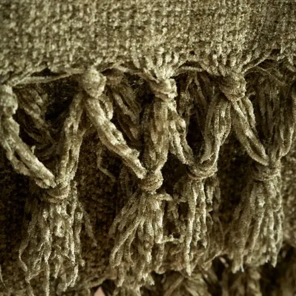 Chenille Throw Blanket with Tassels - Olive